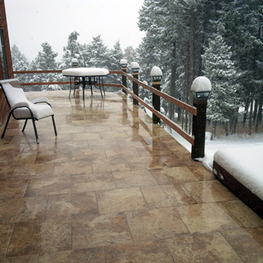 A mountain cabin's radiant heated patio.